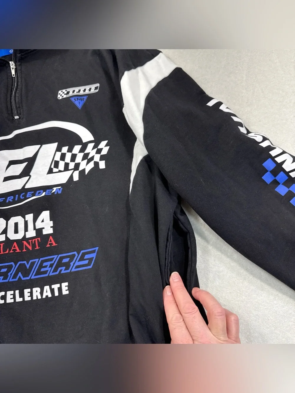 Aelfric Eden Black Racing Graphic Half-Zip Sweater with White & Blue Accents Lrg